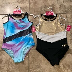 Justice NEW XL 16-18 - 2 bodysuits 2 Scrunchie dance gym gymnastics blue gold